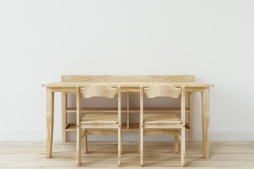 Minimalist wooden table and chairs against a white wall