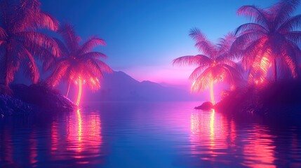 A serene tropical landscape at dusk with glowing palm trees and calm waters.