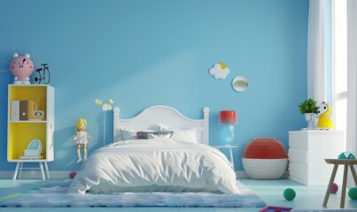 A blue and white bedroom with a white bed. a yellow bookshelf. and a red lamp