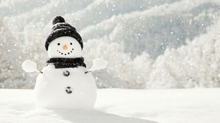 Obraz premium Snowy winter scene with a cheerful snowman in a black hat and scarf