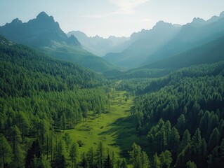 Obraz premium Serene Mountain Landscape with Lush Green Forests and Majestic Peaks Under Soft Blue Sky in a Peaceful Natural Environment