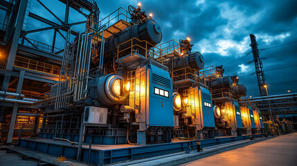 Obraz premium Industrial power generators illuminated at dusk in a facility. Generative AI