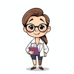 cartoon woman doctor holding a clipboard and wearing glasses.