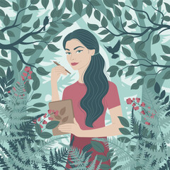 Vector flat art illustration features a woman environmentalist surrounded by lush foliage.