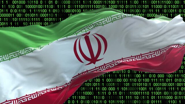 Iran flag - 3D realistic waving flag on matrix digital background with binary code