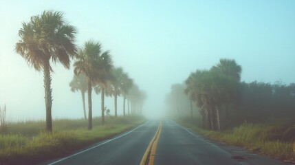 Fototapeta premium Foggy road with palm trees leading into the unknown on a misty morning