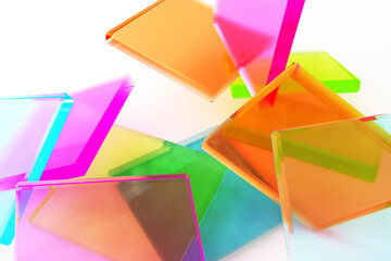 Vibrant colored glass geometric shapes arrangement for design aesthetic and modern art. 3d render