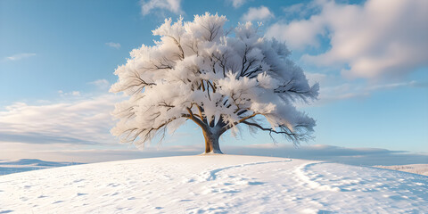 Romantic sundown in winter landscape, snow covered fields, sky with gradient of beauty pastel pink and blue, lone tree silhouette. Beautiful winter landscape, picturesque nature scene. Amazing. Ai gen