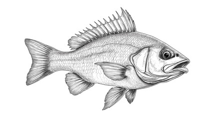 Fish sketch dorado gilt-head bream. Vintage retro print, black white gilt-head bream fish sketch ink pencil style drawing, linear drawing, engrave old school. Sketch artwork dorado fish. Illustration