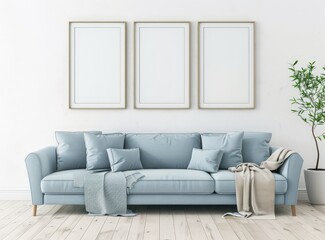 A light blue sofa with three blank frames and a potted plant in a minimalist white living room