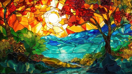 Stained glass window in the form of landscape tree with a sun
