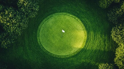 Aerial view of a golf putting green surrounded by trees.