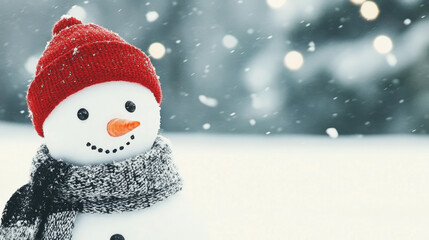 Obraz premium Snowman in Red Hat and Scarf in a Winter Wonderland Scene