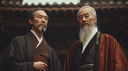 Naklejka premium Mountain temple with monks in meditation, showcasing spiritual practice and devotion.