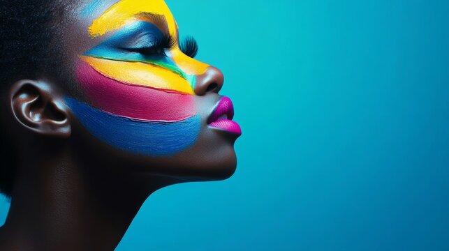 Augmented reality makeup experience showcasing vibrant shades on dark skin in a colorful digital environment