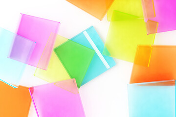 Abstract colorful transparent geometric shapes in a dynamic composition. 3d render