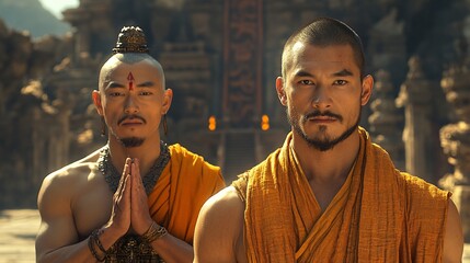 Fototapeta premium Mountain temple with monks in meditation, showcasing spiritual practice and devotion.