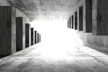 Abstract concrete corridor with geometric shadows and light play. 3d render.