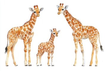 Fototapeta premium Three illustrated giraffes, showcasing a parent and two young, playful animals.