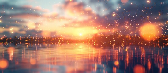Fototapeta premium Mesmerizing scene of a tranquil lake with a breathtaking sunset reflection casting a shimmering ethereal glow across the serene water The vibrant colors of the sky at dusk create a magical