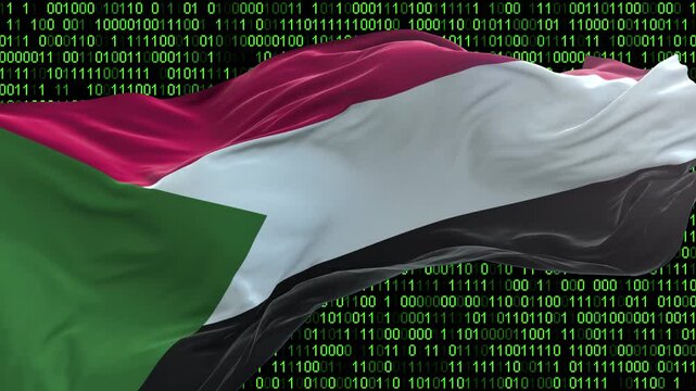 Sudan flag - 3D realistic waving flag on matrix digital background with binary code