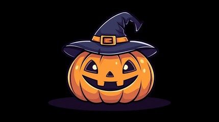 Fototapeta premium A cute cartoon pumpkin with a witch's hat, perfect for Halloween decorations. The pumpkin has a funny face and is set against a black background. This image is great for Halloween crafts or projects.