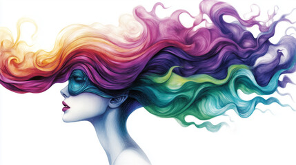 Woman with flowing, multicolored hair. The hair transitions through shades of orange, pink, purple, blue, and green. The woman's face is partially obscured, the hair's movement and color.