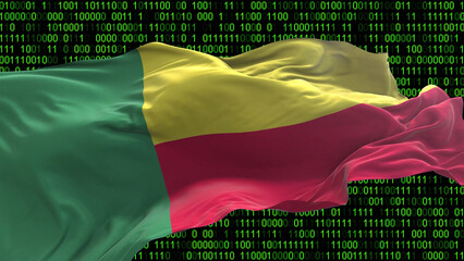 Benin flag - 3D realistic waving flag on matrix digital background with binary code