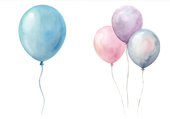 A blue balloon is next to three pink and purple balloons