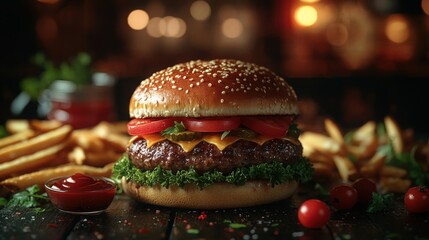 Top view of delicious hamburgers and fries arranged on a dark background, showcasing classic fast food.