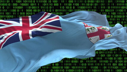 Fototapeta premium Fiji flag - 3D realistic waving flag on matrix digital background with binary code