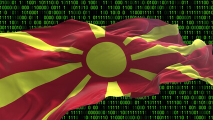 Macedonia flag - 3D realistic waving flag on matrix digital background with binary code © Myvector