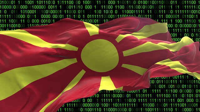 Macedonia flag - 3D realistic waving flag on matrix digital background with binary code