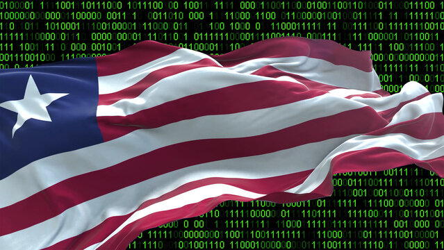 Liberia flag - 3D realistic waving flag on matrix digital background with binary code