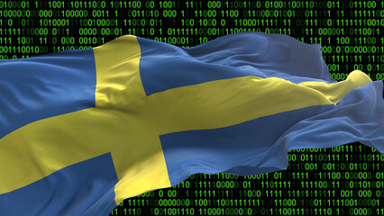 Sweden flag - 3D realistic waving flag on matrix digital background with binary code