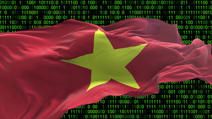 Vietnam flag - 3D realistic waving flag on matrix digital background with binary code