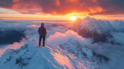 Hiker standing on a snowy mountain peak with breathtaking views, embracing the beauty of nature.