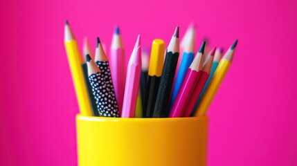 Colorful Pencils in a Yellow Cup on a Pink Background