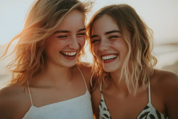 Joyful Friends Laughing Together at Beach during Sunset  