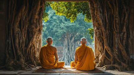 Fototapeta premium Mountain temple with monks in meditation, showcasing spiritual practice and devotion.
