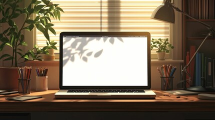 Laptop Screen Showing Plant Shadows On Desk