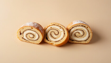 Fototapeta premium Three Makowiec slices in close-up style in warm beige tones representing Polish cuisine