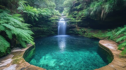 Naklejka premium Serene Waterfall Cascading Into Tranquil Pool Surrounded by Lush Greenery and Ferns in a Picturesque Natural Setting