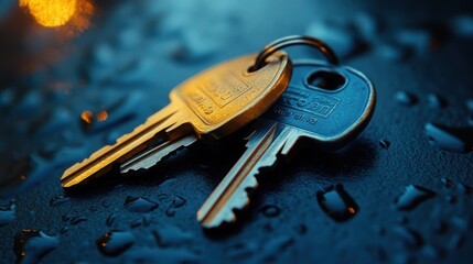 Close-up of keys in a lock on a dark background, highlighting metallic shine and minimalistic design.