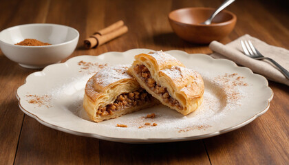 Pastilla in a rustic style in warm tones for a cozy meal against a wooden background