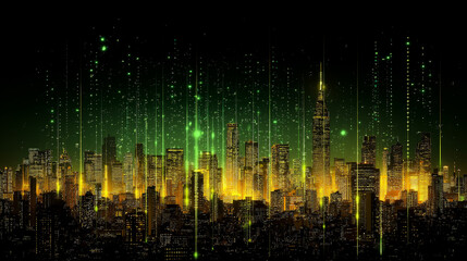 Futuristic digital cityscape with glowing green and gold lights, representing data-driven technology and virtual urban design. Cyberpunk and green tech concept.