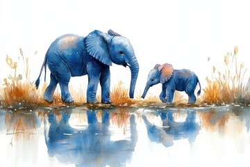 Obraz premium A watercolor depiction of an adult and baby elephant walking near a reflective water surface.