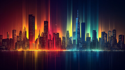 Fototapeta premium Vibrant technicolor cityscape with multi-colored neon buildings reflected on water. A futuristic vision of urban development and digital utopia.