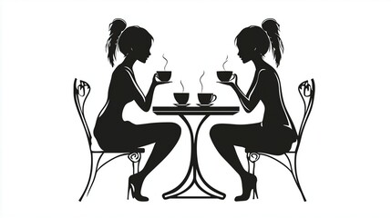 People drinking coffee at a table 2D black logo on a white background