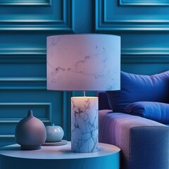 A marble table lamp with a white lampshade sits on a coffee table in front of a blue wall. The blue light from the lamp illuminates a purple sofa.